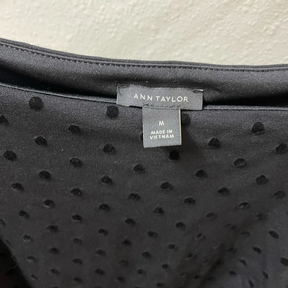 Ann Taylor Black Swiss Dot Boatneck Blouse Gathered Shoulder & 3/4 Sleeve Sz M - Picture 2 of 12